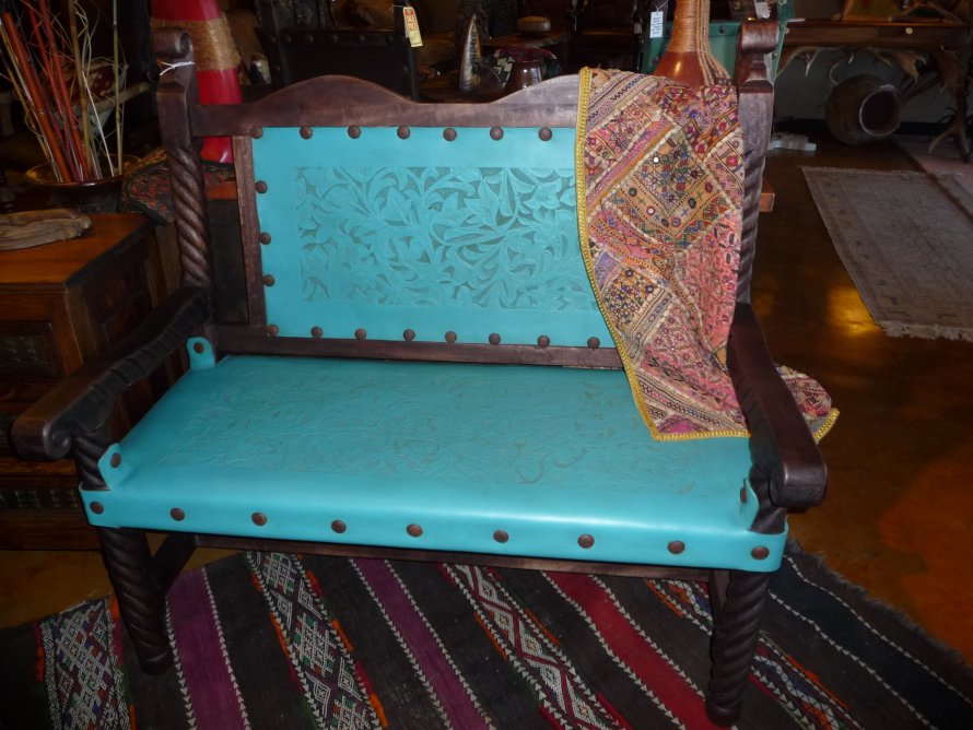 Rey Salomon Tooled Leather Bench in Turquoise