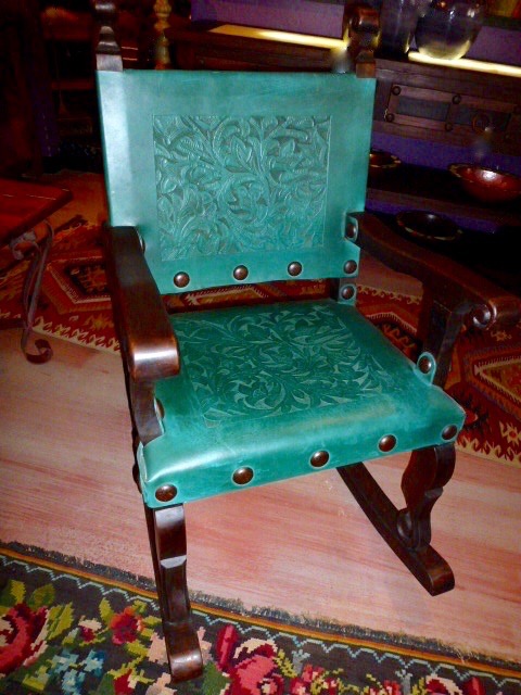 Argentina Tooled Leather Rocking Chair in Turquoise