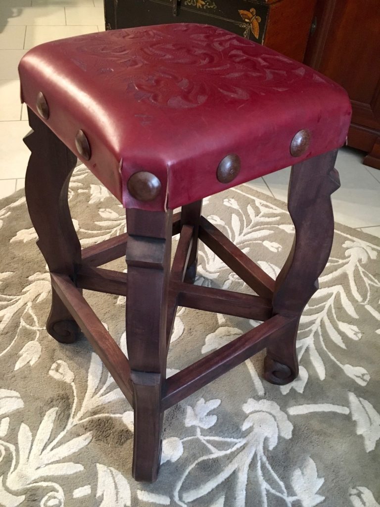 Argentina Tooled Leather Stool in Red Guinda