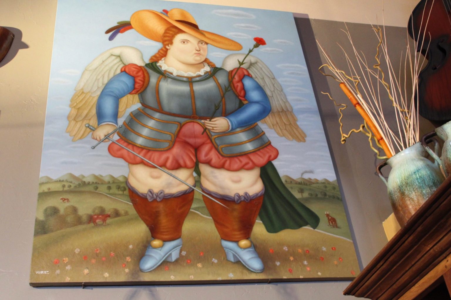 Botero Style Original Painting of "Archangel Michael with Flower"