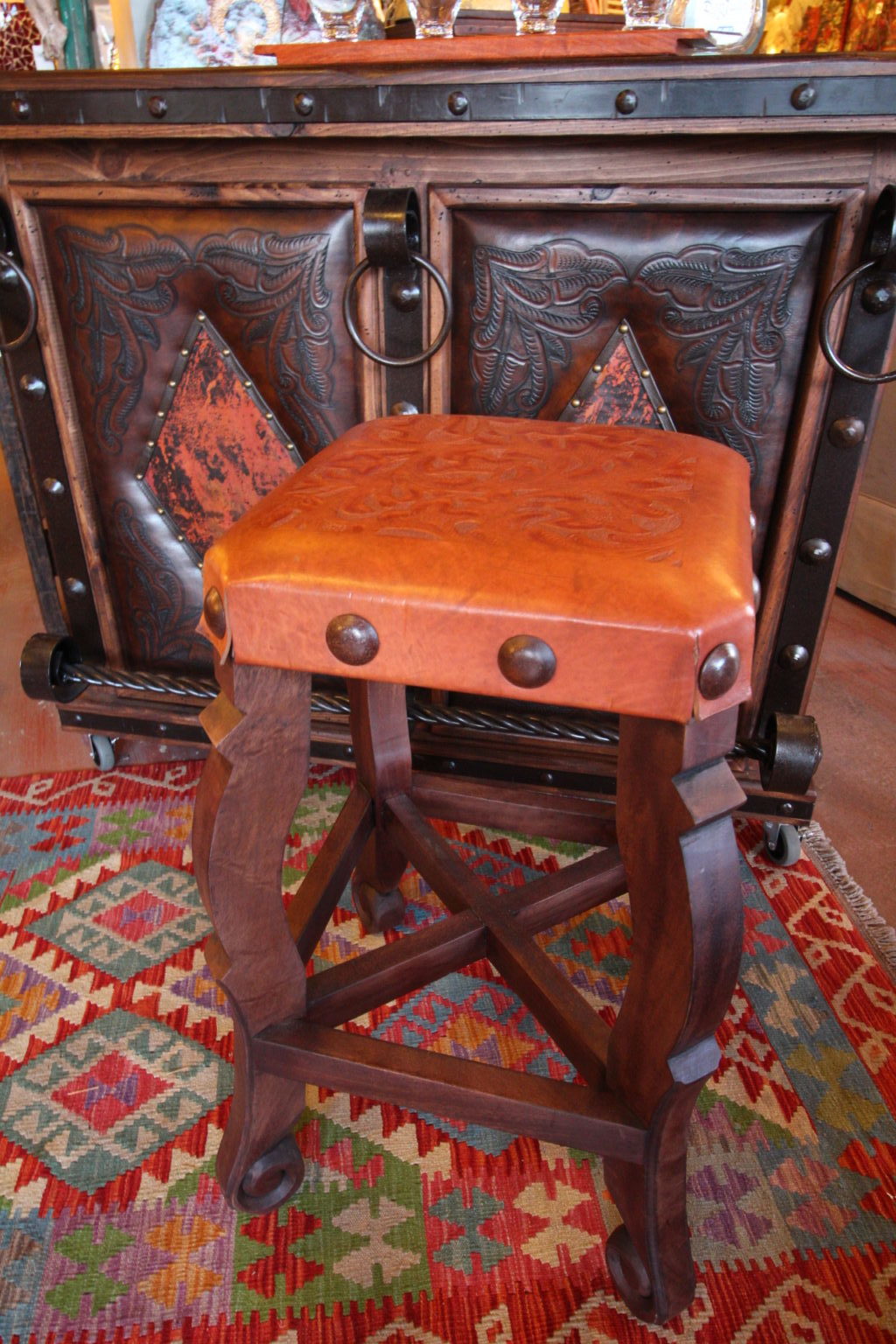 Argentina Tooled Leather Stool in Red Inlgès