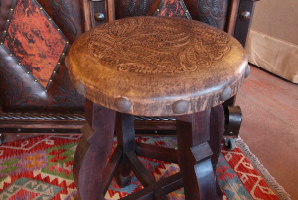 Round Tooled Leather Stool in Vintage Café