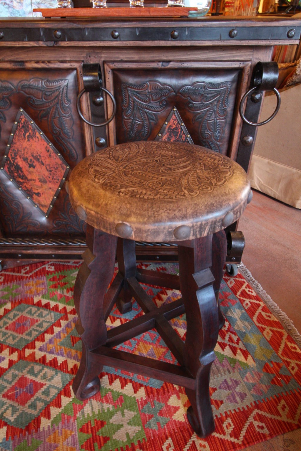 Round Tooled Leather Stool in Vintage Café
