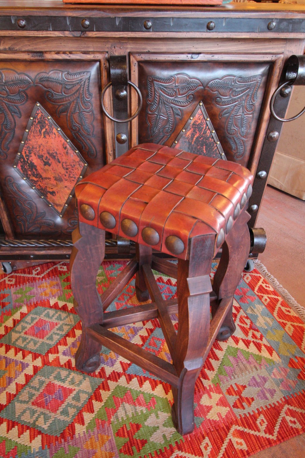 Argentina Woven Leather Stool in Red Guinda