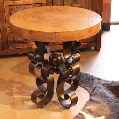 Round Hand-Hammered Copper End table with Forged Iron base