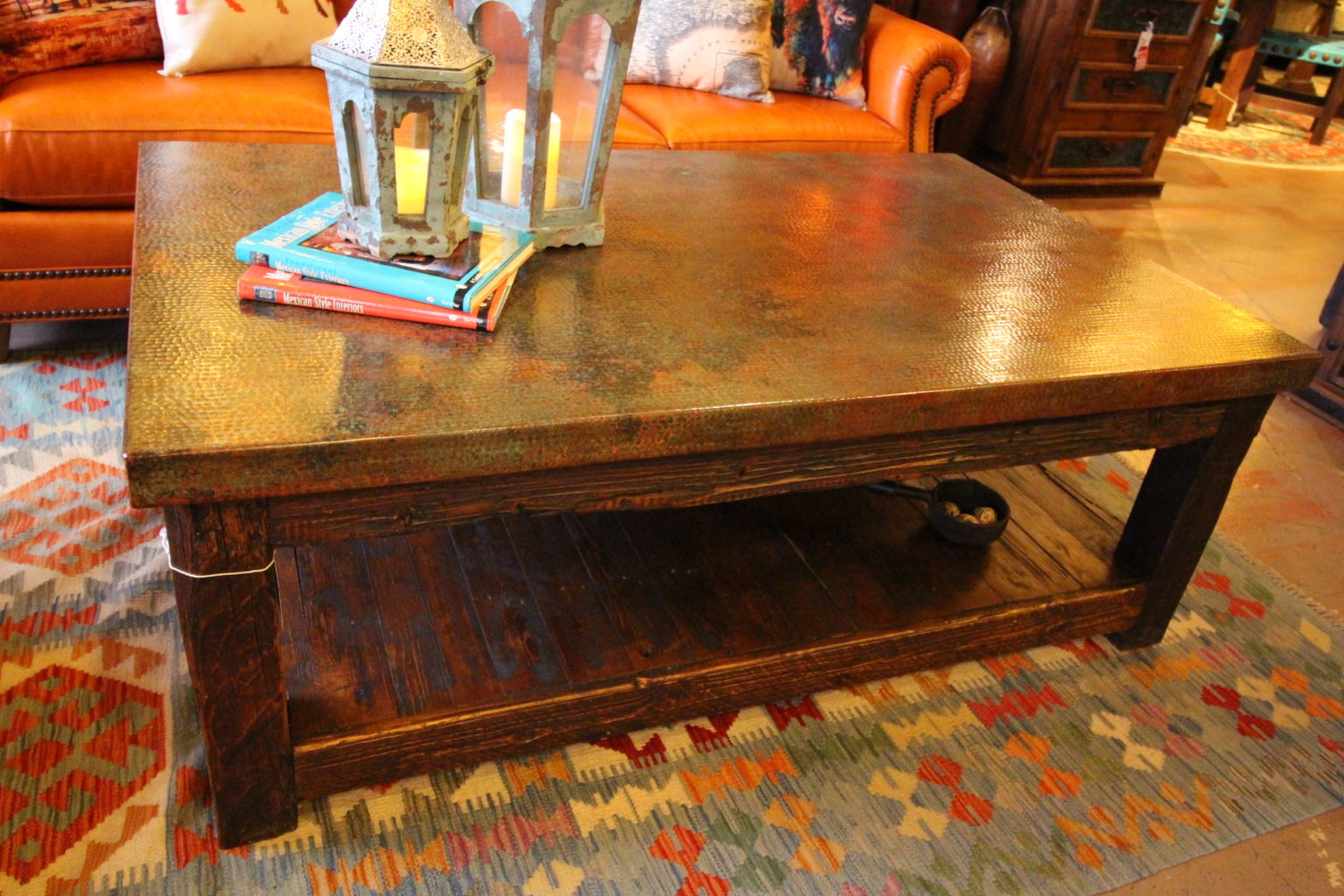 Patina Copper Coffee Table with Shelf