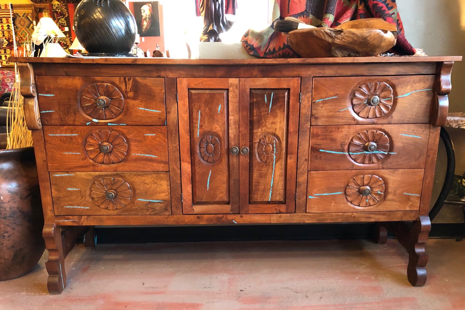 Carved Floral Mesquite Buffet with Turquoise Inlay