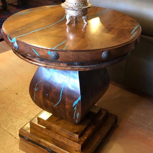 Round Mesquite Turquoise Inlay End Table