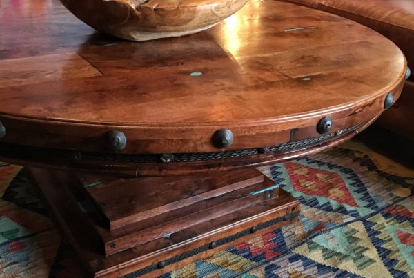 Round Mesquite Coffee Table with Turquoise Inlay
