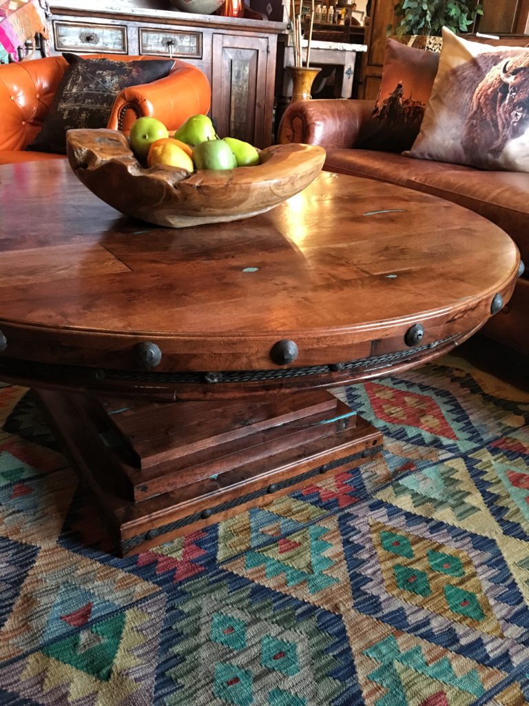 Round Mesquite Coffee Table with Turquoise Inlay