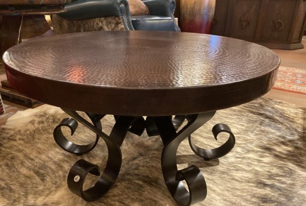 Round Dark Hammered Copper Coffee Table on Iron Base