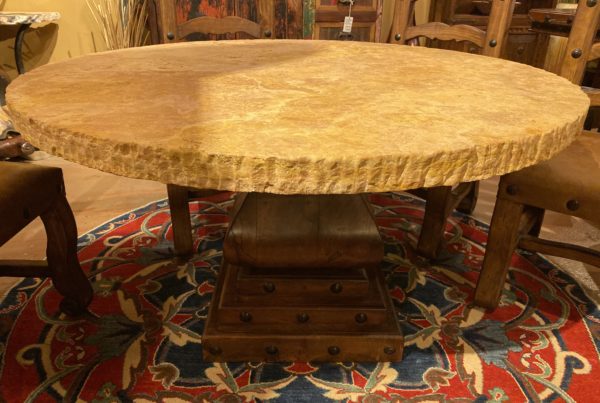 Round Chiseled Edge Travertine Table on Mesquite Pedestal