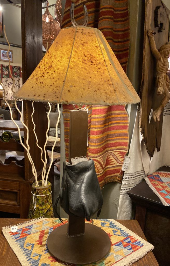 Old Stirrup Table Lamp with Sheep Skin Shade