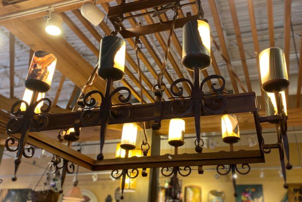 Rectangular Forged Iron Chandelier with Onyx Shades