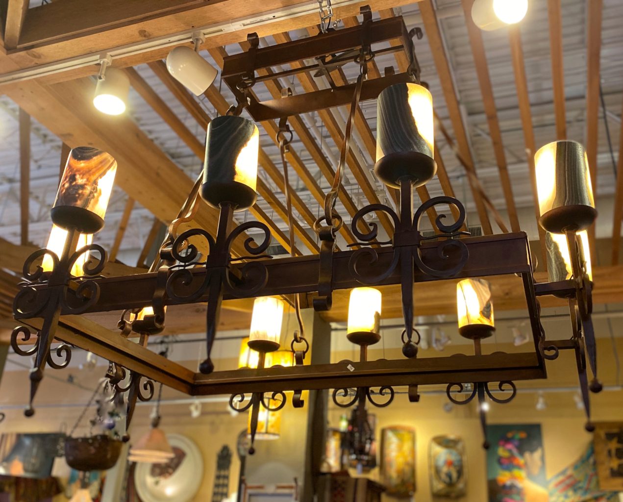 Rectangular Forged Iron Chandelier with Onyx Shades