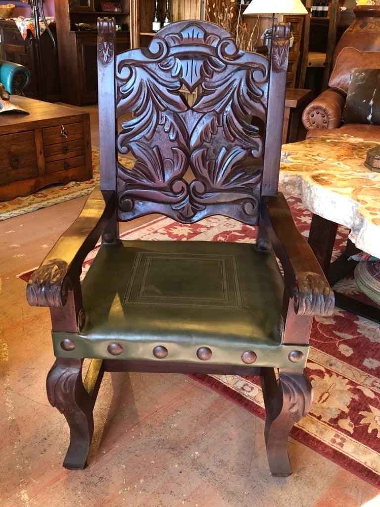 Hand-Carved Armchair in Forest Green