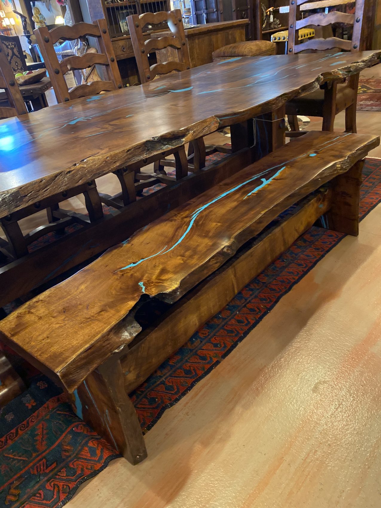 Free Form Mesquite Turquoise Inlay Backless Bench