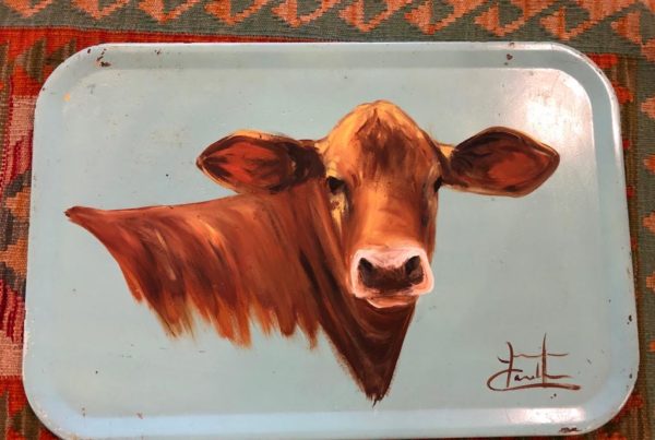 Hand-Painted Farm Scene. The Brown Cow
