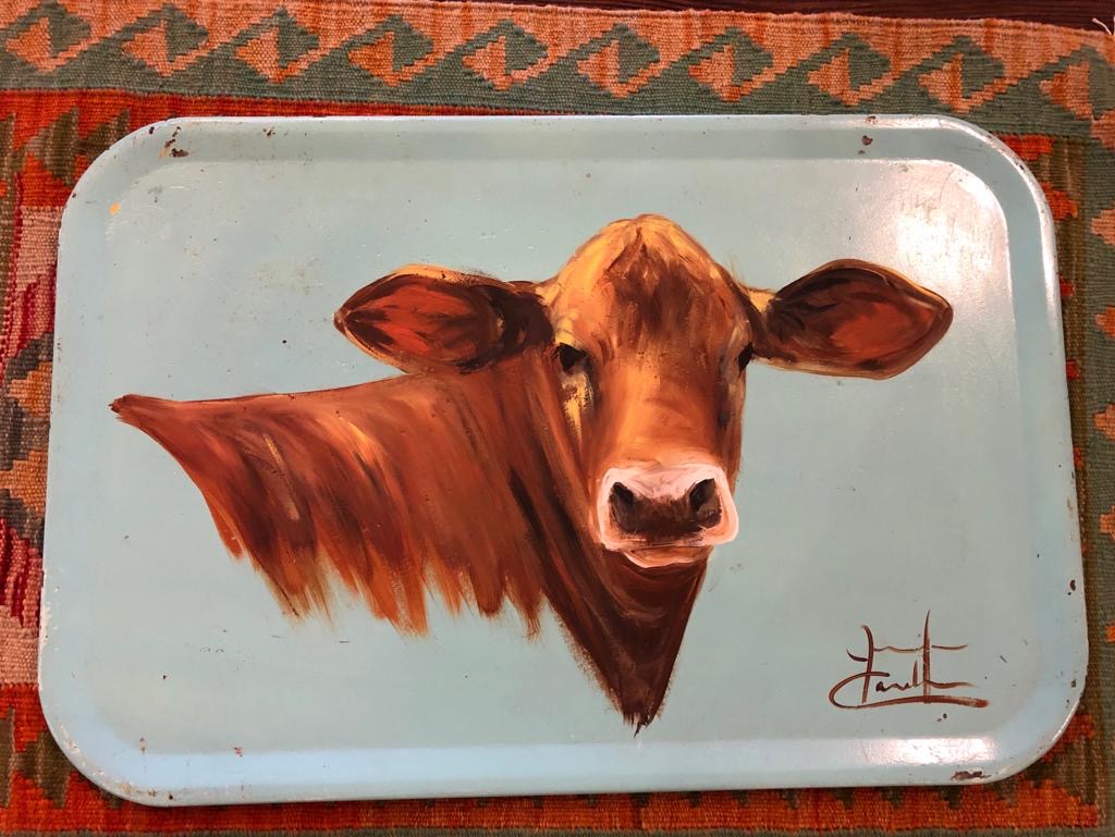 Hand-Painted Farm Scene. The Brown Cow