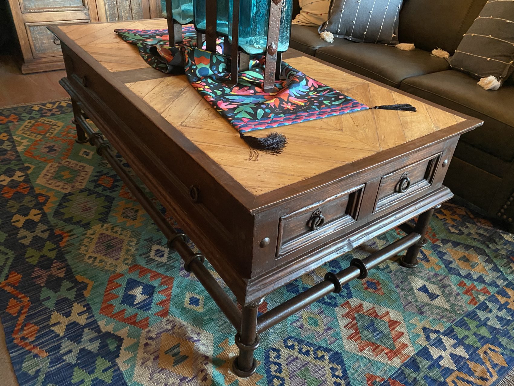 Mesquite Inlay Coffee Table on Iron Base