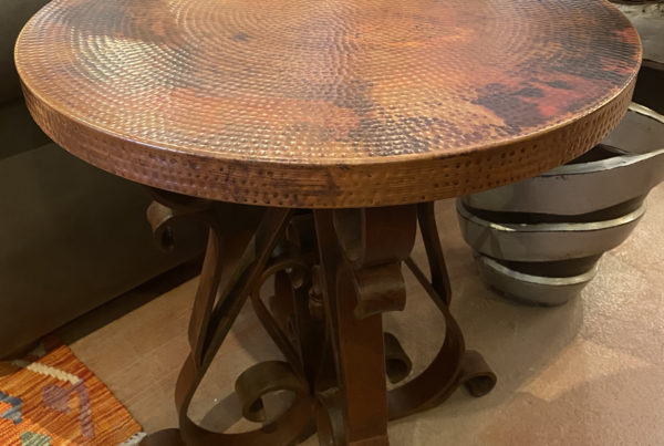 Round Hammered Copper End Table with Forged Iron Base