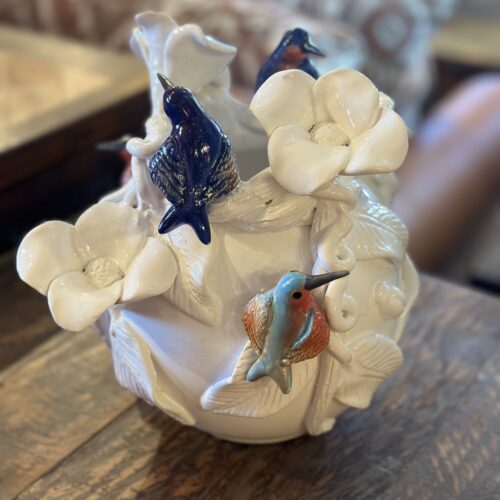 "White Flowers Hummingbirds" Sculptured Vase