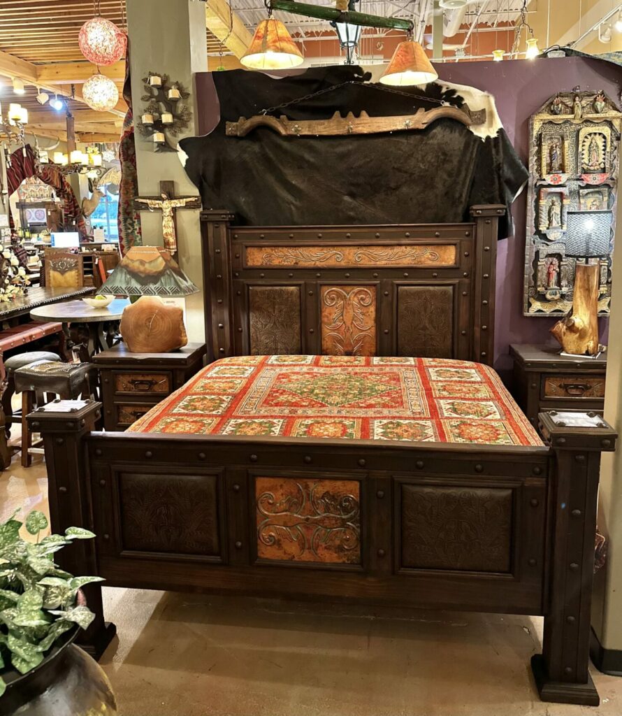 Hacienda Post Bed with Ornate Copper & Tooled Leather