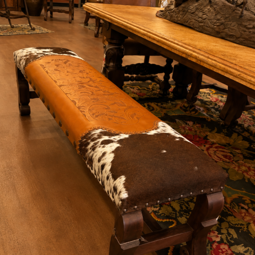 Yellow Tooled Leather & Cowhide Bench