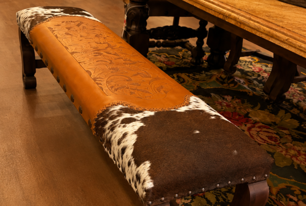 Yellow Tooled Leather & Cowhide Bench