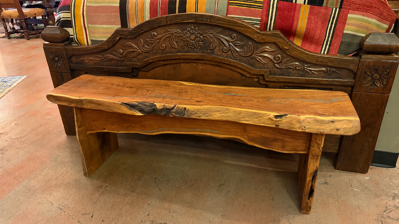 Free-Form Mesquite Bench w/ Turquoise Inlay