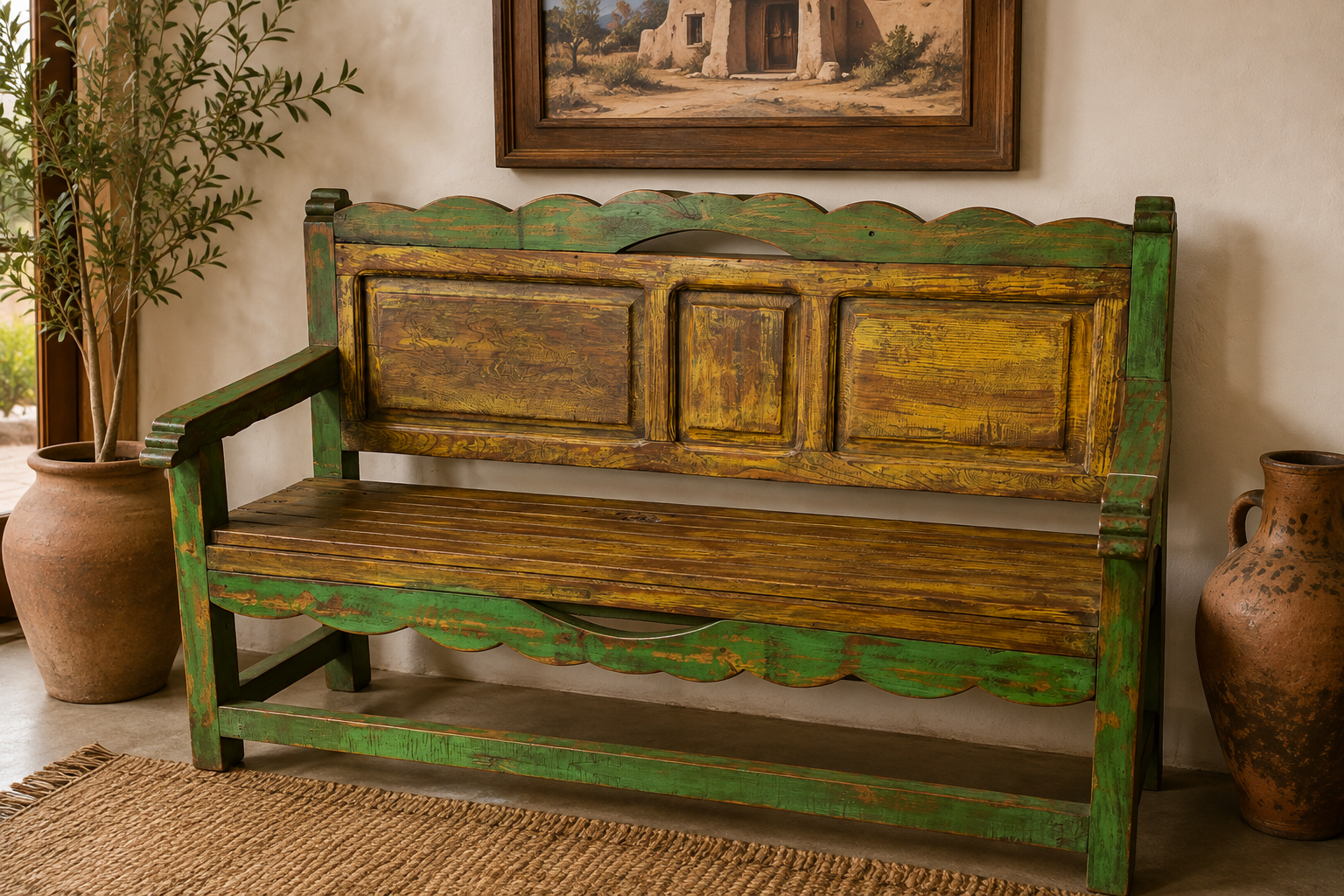Rustic Distressed Green Entryway Bench