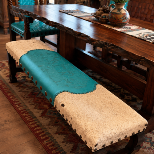 Turquoise Tooled Leather & Cowhide Bench