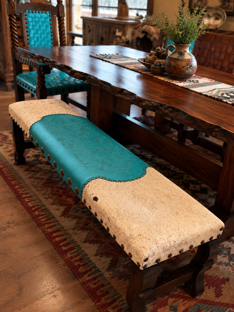 Turquoise Tooled Leather & Cowhide Bench