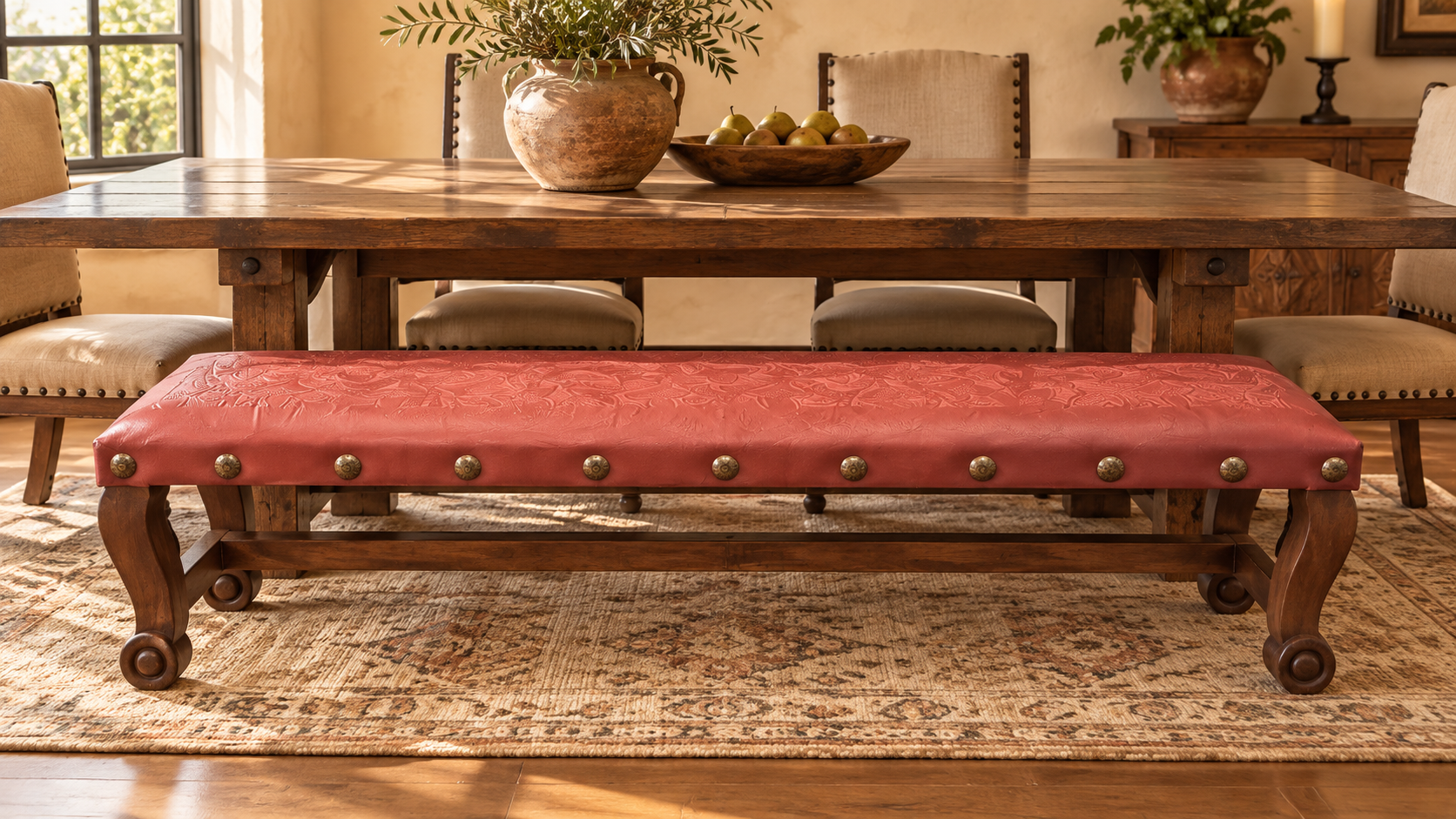 Argentina Tooled Leather Backless Bench Red Guinda