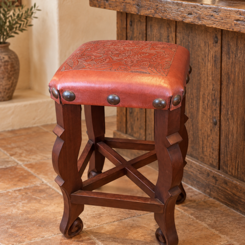Argentina Tooled Leather Stool in Red Inglès
