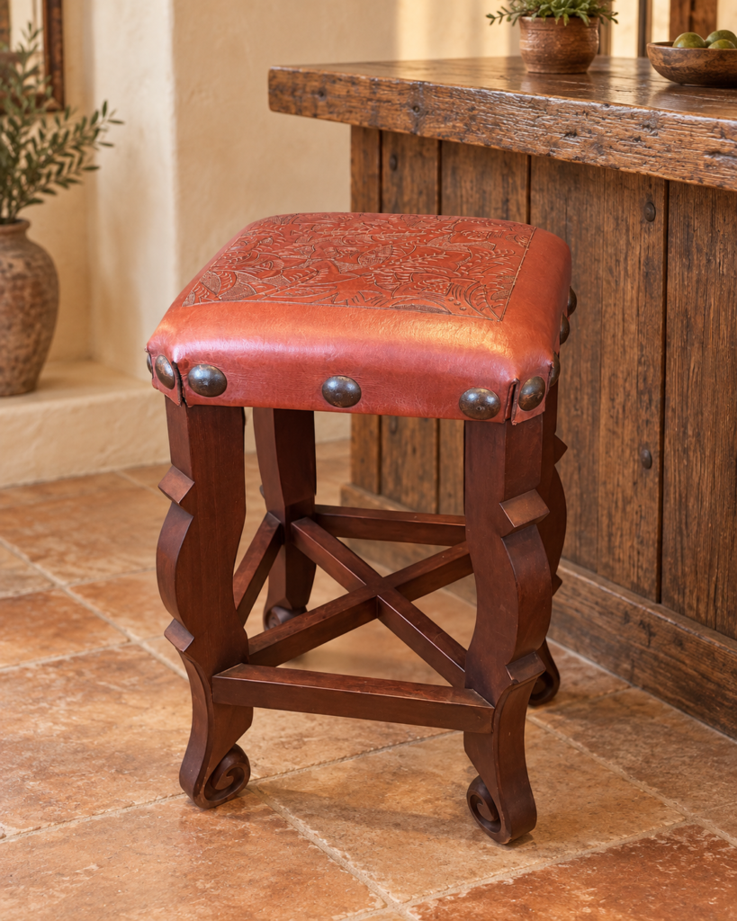Argentina Tooled Leather Stool in Red Inglès