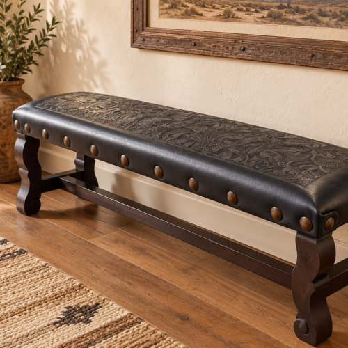 Argentina Tooled Leather Backless Bench in Black