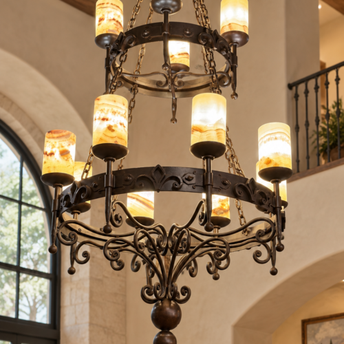 Double Fleur de Lis Onyx Shades Chandelier