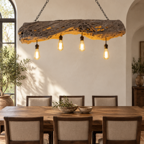 Four-Light Cactus Wood Chandelier