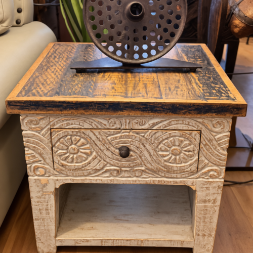 Gray Wash Carved End Table