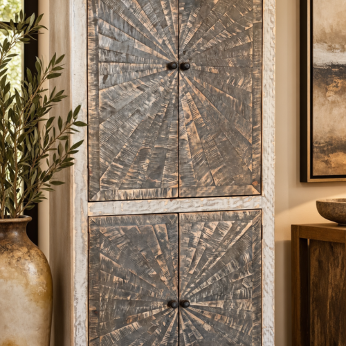 Gray Wash Starburst Wine Cabinet w/Touch Light