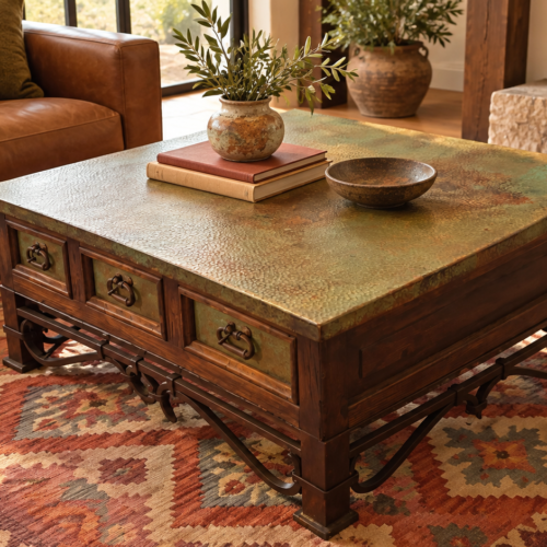 Hammered Patina Copper 6 Drawer Coffee Table