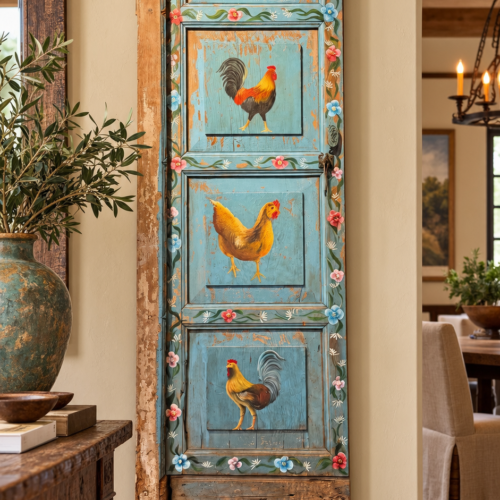 Vintage-Style Rooster & Floral Door Panel