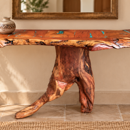 Live Edge Mesquite Console Table with Turquoise Inlay and Root Base