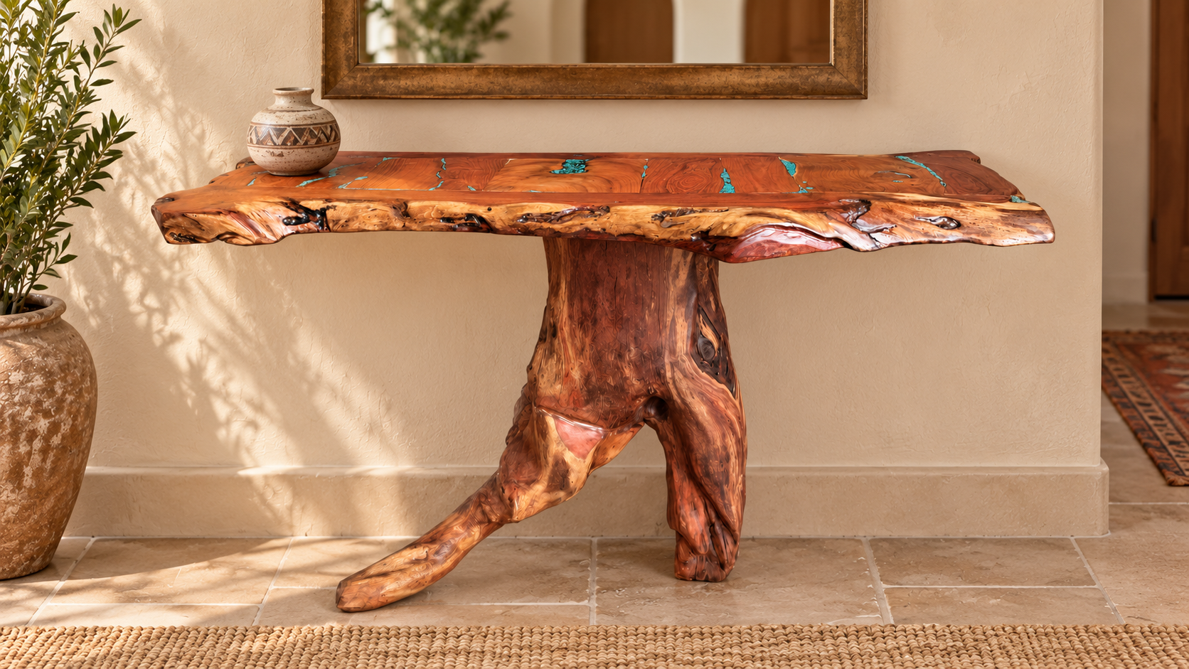 Live Edge Mesquite Console Table with Turquoise Inlay and Root Base