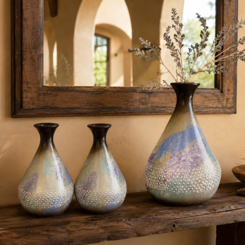 Mottled Blue Vase Trio
