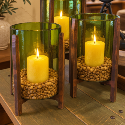 Olive Glass Hurricane Candleholder Trio