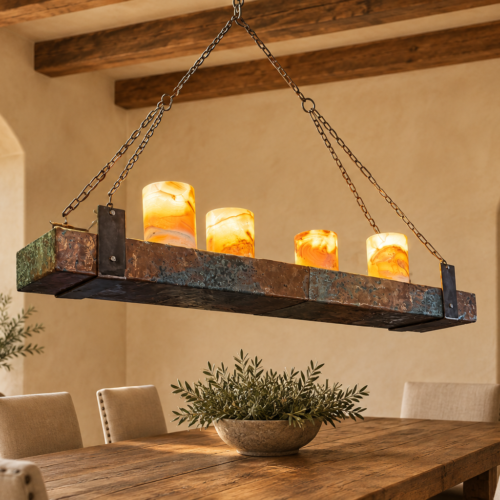 Four-Onyx Patinated Copper Chandelier