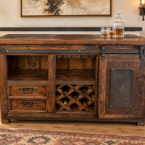 Rustic Barn-Door Wine Cabinet with Lift-Top Storage