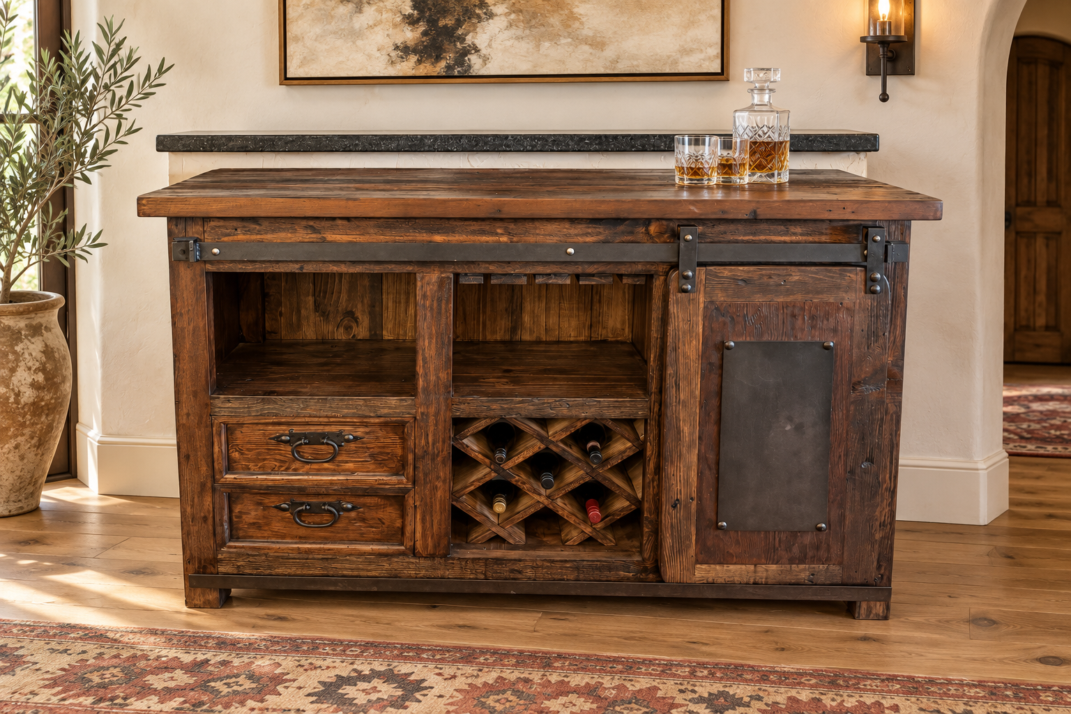 Rustic Barn-Door Wine Cabinet with Lift-Top Storage